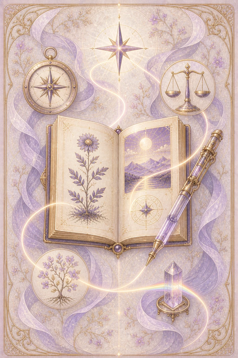 An illuminated manuscript surrounded by symbols of judgment and imagination