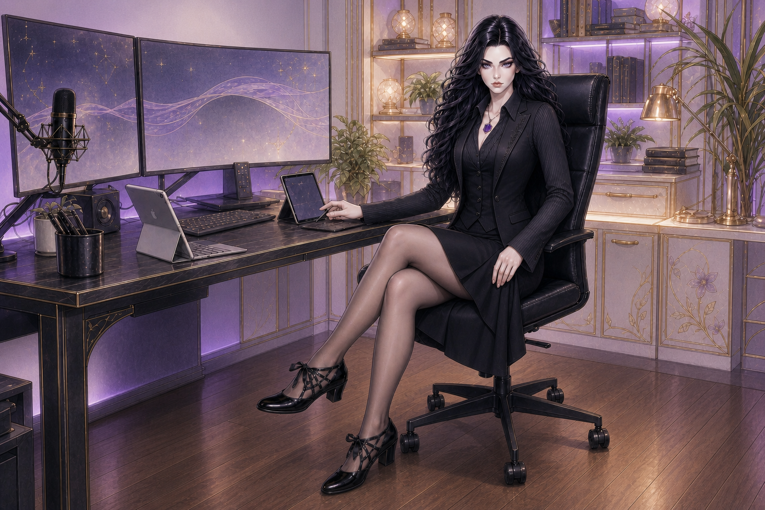 KATE seated at a modern lavender-lit technology workstation in a refined editorial illustration