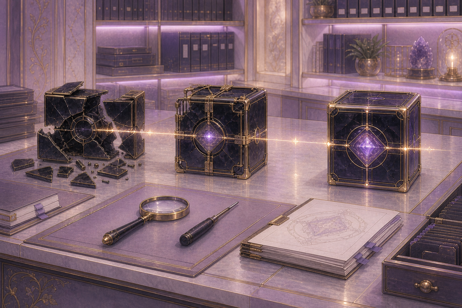 Three black-glass memory cores progressing from fractured to repaired to stable, connected by one continuous gold line
