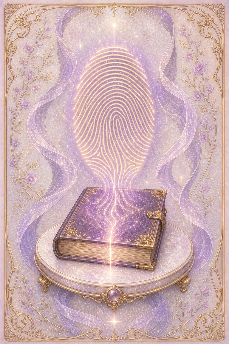 A luminous fingerprint rising from a finished lavender book