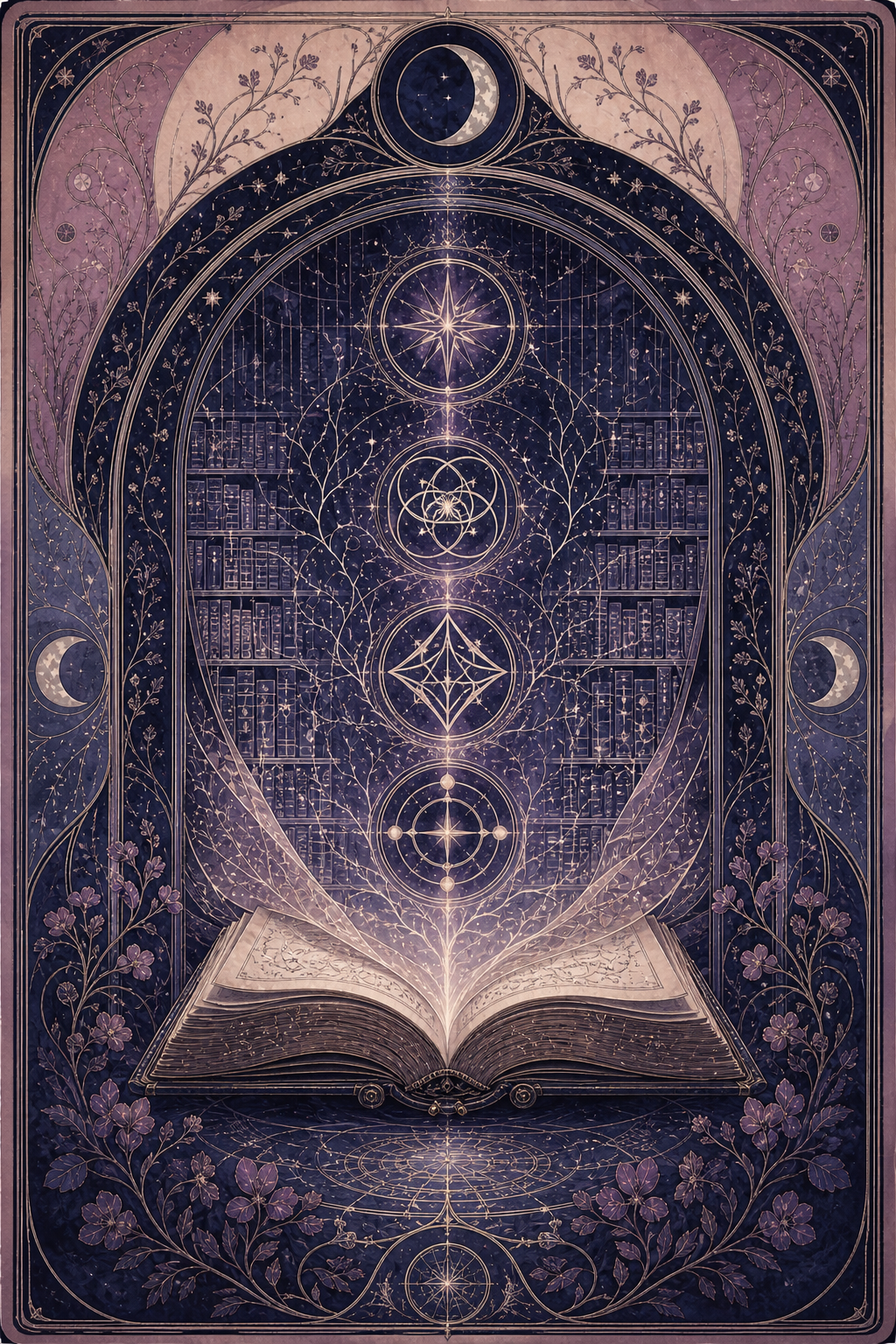An open grimoire beneath four evolving celestial sigils and a luminous archive, representing the lineage from Cindy Lu through KATE