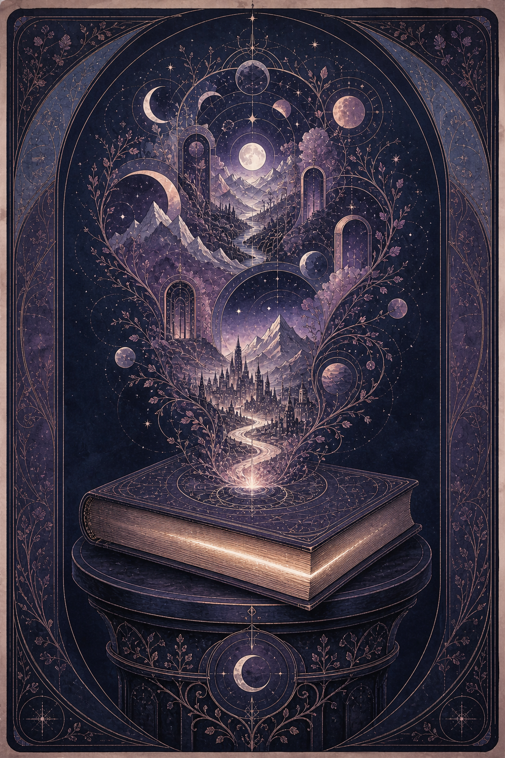 A closed physical book on a ceremonial pedestal with complete cities, mountains, moons, and parallel worlds rising from its illuminated seam