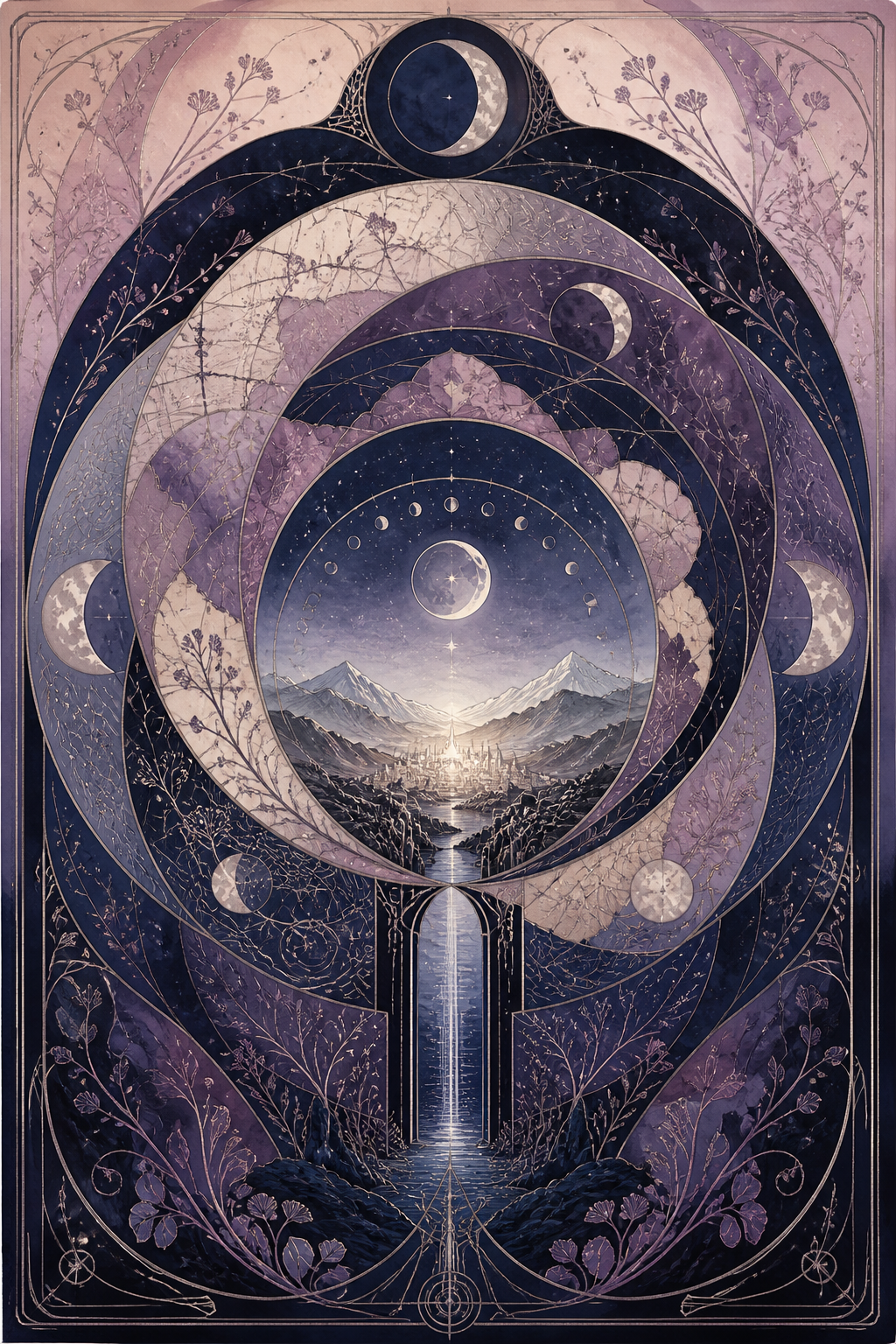 Surreal celestial layers opening onto a complete hidden world, representing Vesper Denier’s restored perspectives